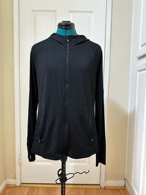 Athleta Sz M Black Lightweight Full Zip Hoodie W/ Zip Pockets & Thumb Sleeves